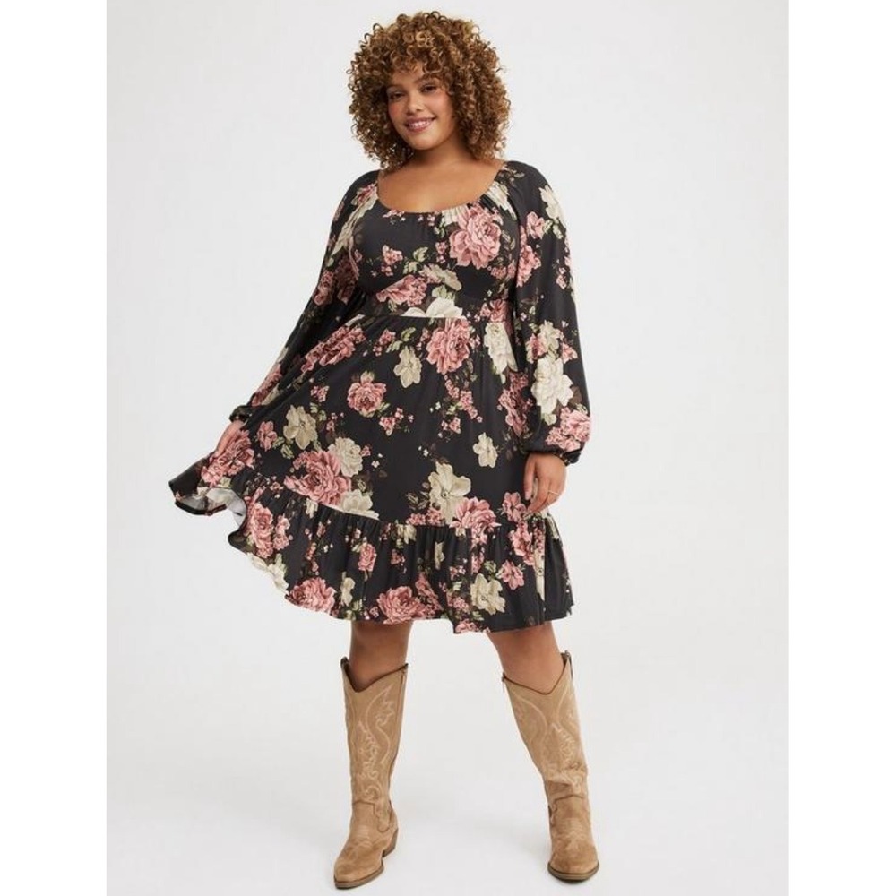 Torrid Mini Dress Womens M/L 10 Gray Floral Supersoft Tiered Long Sleeve Pockets